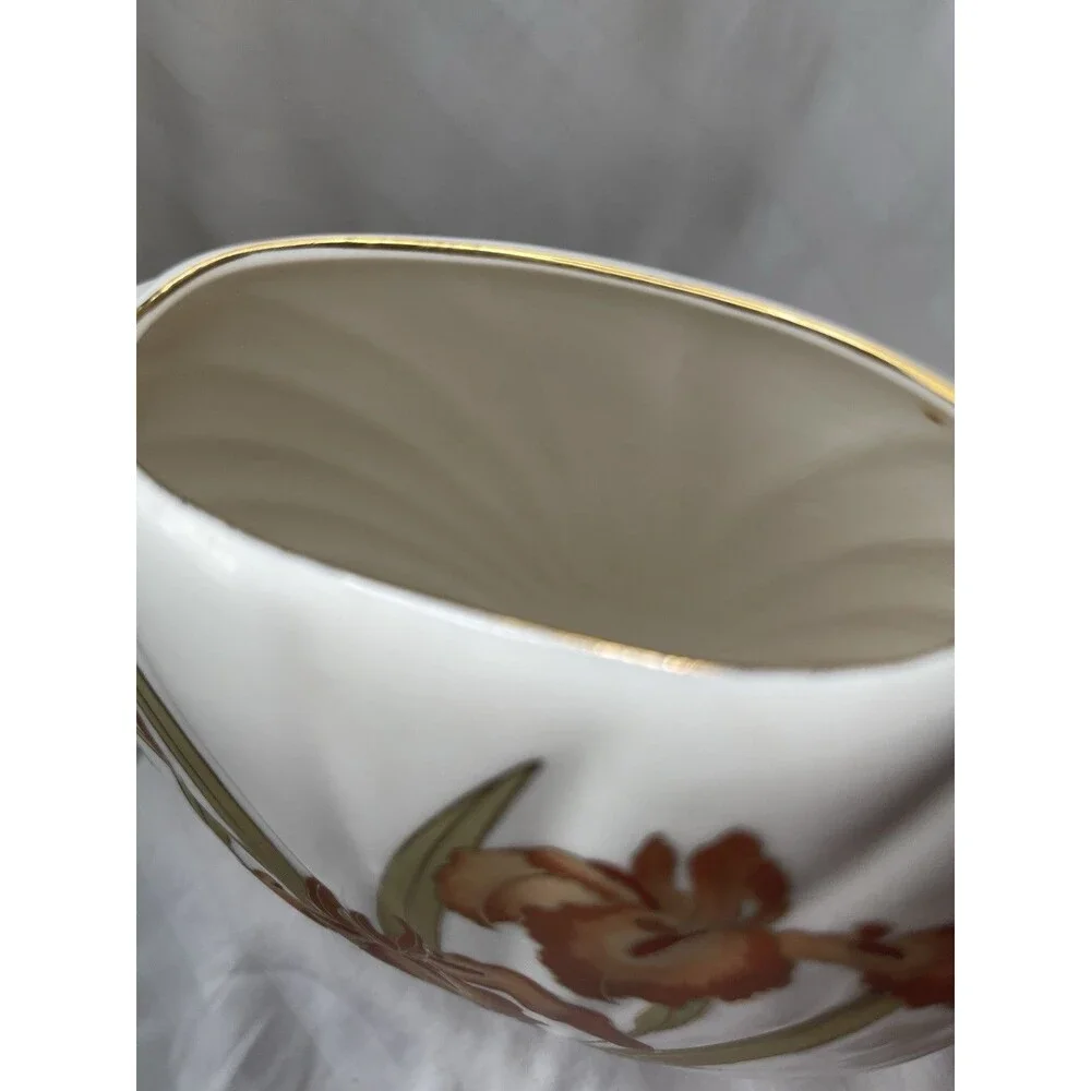 Fine China Ceramic Iris Floral Vase, White, Gold Trim, Japan, 5 in